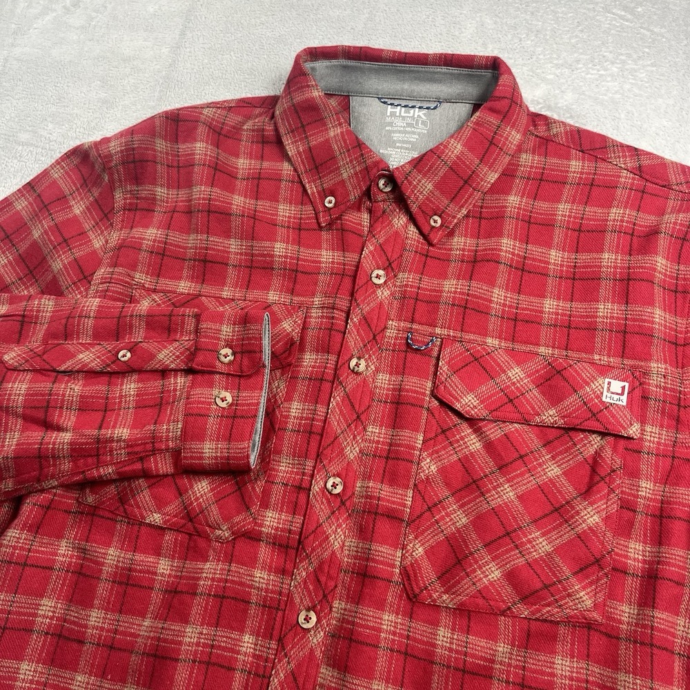 Huk Shirt Mens L Flannel Red Plaid Fishing Outdoor Hiking Utility Roll Tab EUC